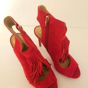 Vince Camuto Red Suede Peep Toe Tassel High Heel Shoes